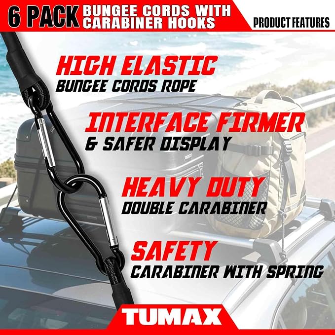 Bungee Cords with Carabiner Hooks, 6 Pack Heavy Duty Long Carabiner Rubber Bungee Cord Assorted Size 24" 40" 60", for Camping, Tarps, Bike Rack, Car, Included A Drawstring Bag