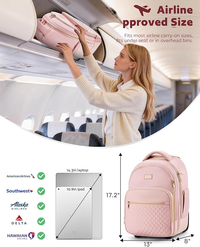 Arcoyard Small Rolling Backpack, 14.3 Inch Underseat Carry On Luggage With Wheels For Adults, Wheeled Backpack for Women, Travel Roller Bag, Pink