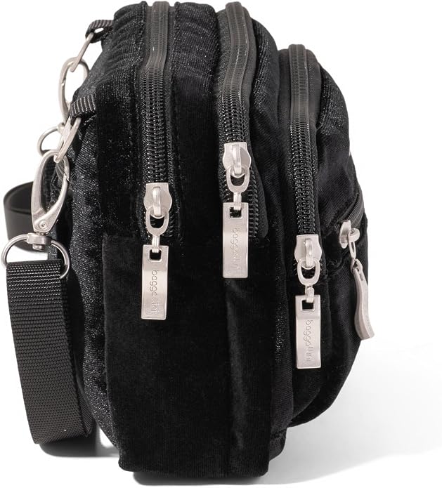 Baggallini Triple Zip Small Crossbody Bag for Women - Lightweight Convertible Fanny Pack Belt Bag