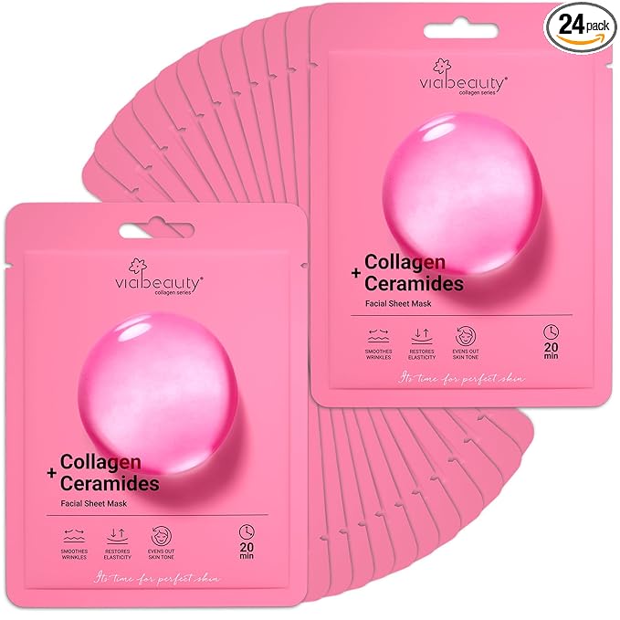 VIABEAUTY 24 Pack of Collagen Face Mask with Ceramides - Rejuvenating Facial Sheet Mask, Fine Lines & Reduce Wrinkles - Face Masks Skincare Moisturizing Collagen Mask for All Skin Types