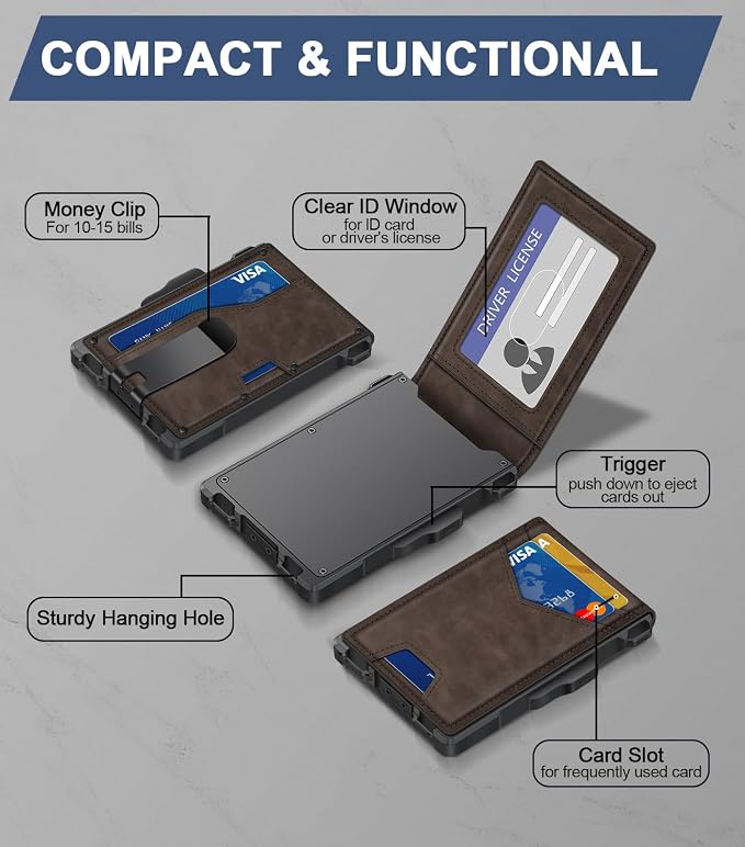 GHUKY Wallet for Men, Minimalist Slim Mens Wallet with Money Clip, RFID Blocking Smart Pop Up Card Wallet with ID Window, Compact Bifold Wallet,Metal Aluminum Credit Card Holder