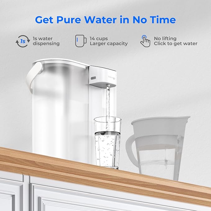 Waterdrop ED02W Compact Electric Water Filter Pitcher, 200-Gallon Rechargeable Instant Powerful Dispenser, NSF/ANSI 42&53&401&372, Reduce PFOA/PFOS, Lead, Chlorine, 14-Cup, NOT Reduce TDS, White