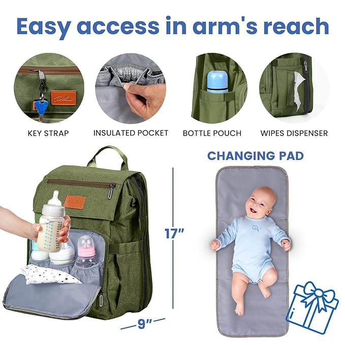 PILLANI Baby Diaper Bag Backpack - Large Bag for Boys & Girls, Waterproof Diaper Backpack - Baby Shower Gifts for Boys - Toddler Diaper Bag with Changing Pad - Large Capacity, Wide Opening Easy Access