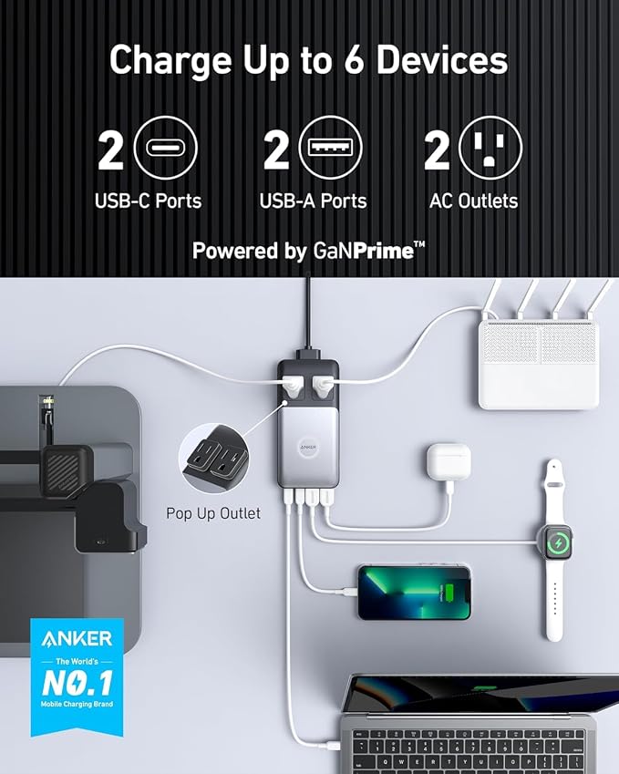 Anker 727 Charging Station (GaNPrime 100W), Compact Power Strip for Travel, Work, 5 ft Detachable Extension Cord with 2 Outlets and 4 USB Ports, for iPhone, Samsung, iPad, MacBook (Not a Battery)