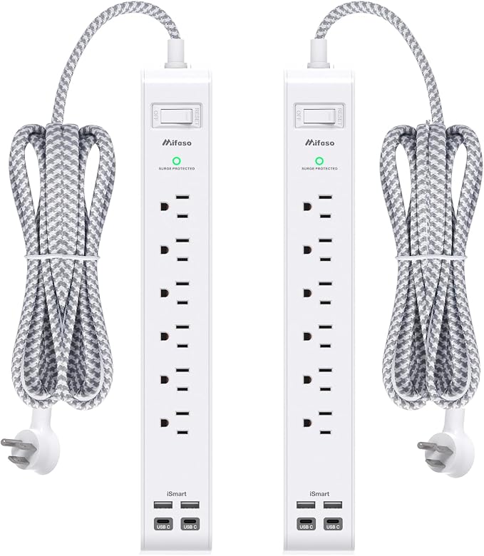 2 Pack Power Strip 15FT, Surge Protector with 6 Outlets and 4 USB Ports (2 USB C), Flat Plug Overload Protection, Extension Cord with Multiple Outlets, Wall Mount for Home Dorm College
