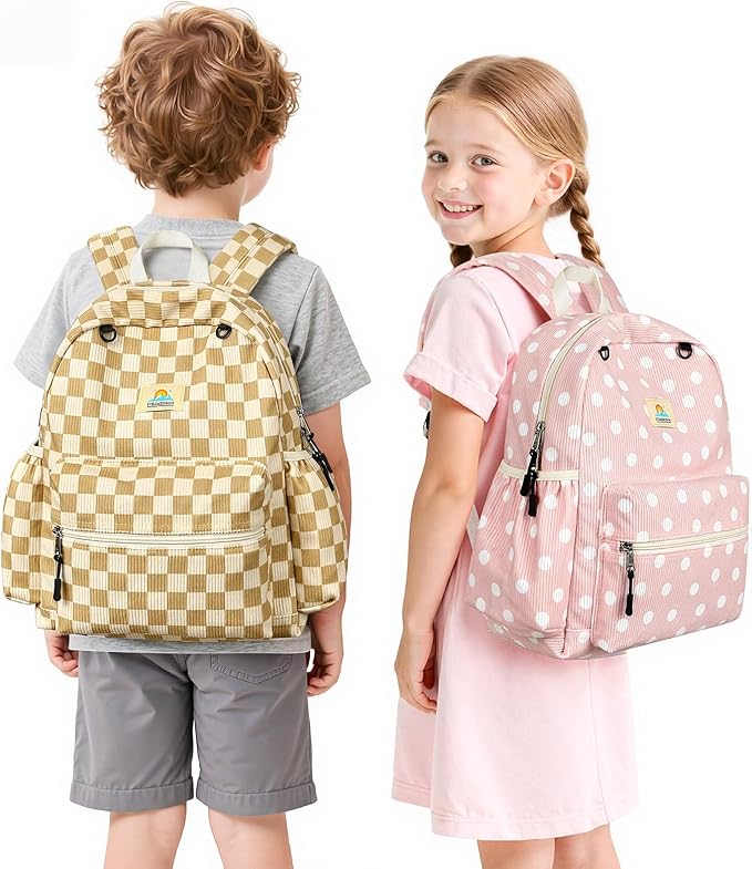 STEAMEDBUN Corduroy Kids Backpack for Girls and Boys 5-8: Girls Backpack for Elementary Kindergarten - 15 inch Cute Backpacks for Kids - Polka Dot