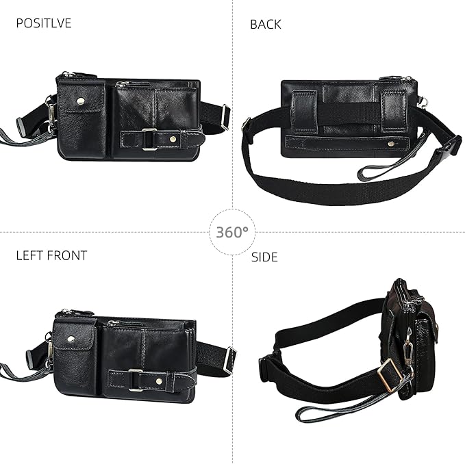Water Resistant Canvas + Leather Hiking Riding Travel Fanny Waist Pack Small Phone Pouch For Men Women FB811-29 (100% Leather-The 8135 Black)