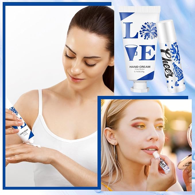 144 Pcs Blue Cheer Lip Balm Hand Cream Set Party Favors Cheer Teams Camp Gifts Include 36 Lip Balm 36 Moisturizing Hand Cream 36 Bags 36 Cards and Ropes for Guest Party Supplies Accessories