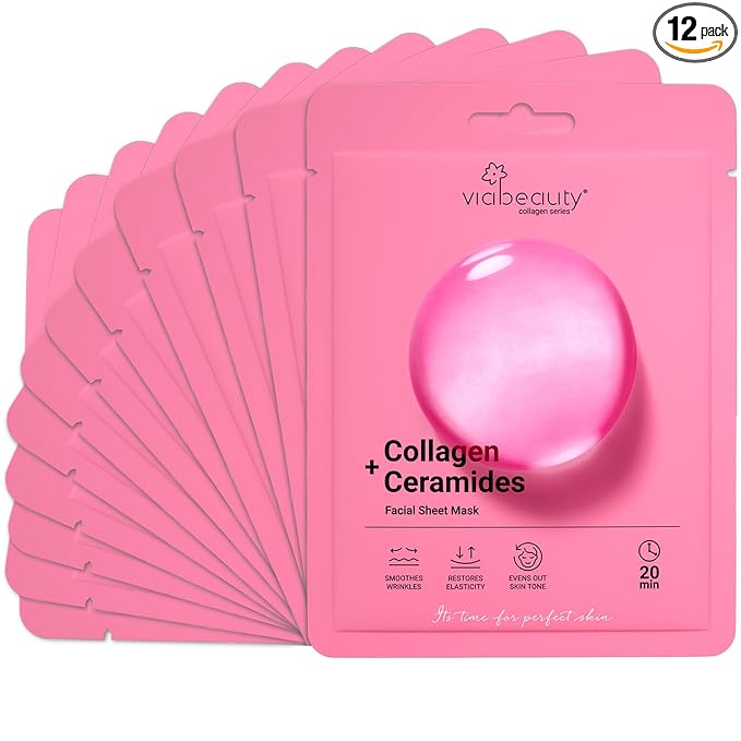 VIABEAUTY 12 Pack of Collagen Face Mask with Ceramides - Rejuvenating Facial Sheet Mask, Reduce Wrinkles & Fine Lines - Face Masks Skincare Moisturizing Collagen Mask for All Skin Types