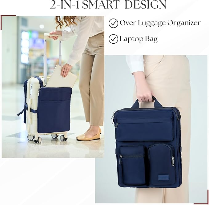 BAREFOOT CARIBOU Over Luggage Organizer for Carry On Bag or Suitcase with Storage Pockets, 16” Laptop Sleeve with Handle, Travel Accessories Bag Slide On Luggage Harness, Adjustable Straps (Navy Blue)
