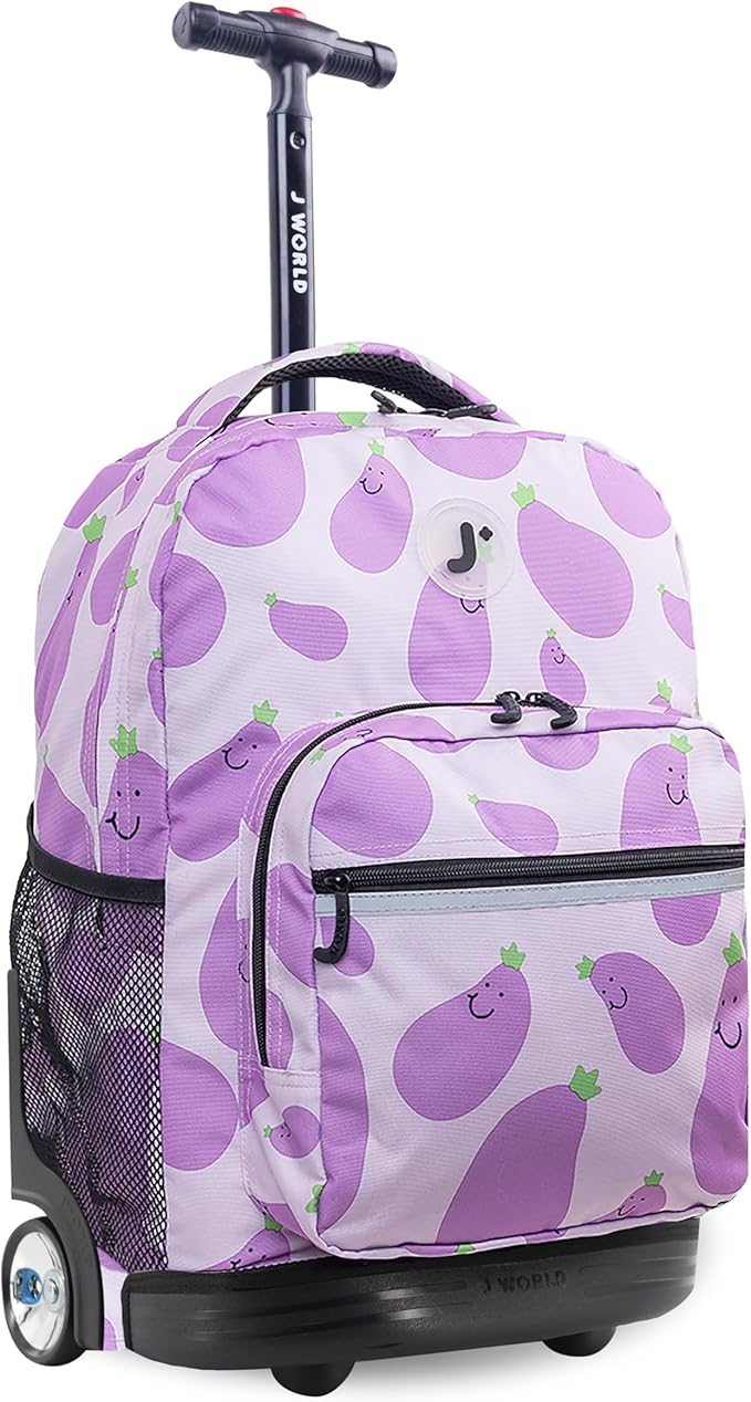 J World Sunrise Kids Rolling Backpack for Girls Boys. Roller Bookbag With Wheels For School, Mr. Eggplant