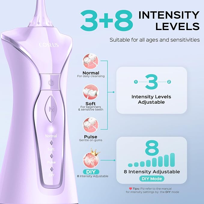 COSLUS Water Dental Flosser Pick for Teeth C30(FC5360): 4 Modes Cordless 300ML Larger Tank Portable Water Teeth Cleaner Picks IPX7 Waterproof Flossing Machine for Home Travel Purple