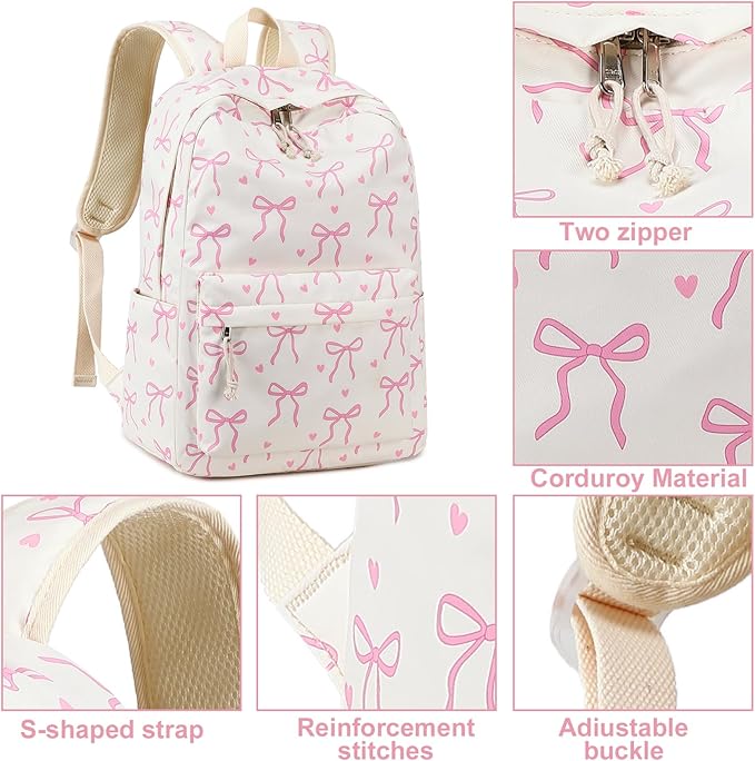 LOIDOU Backpack for Girls School Backpacks Bookbags for Elementary Middle School Women Laptop Backpacks (Bow tie Beige, L-17)