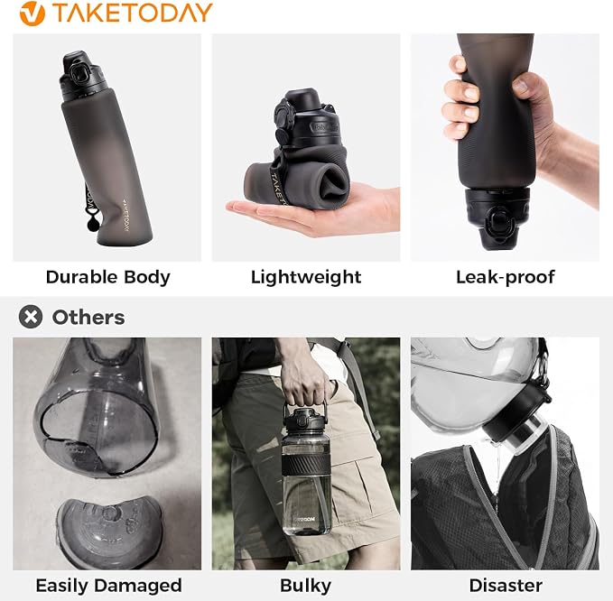 TakeToday Newly Upgraded Collapsible Water Bottles 32oz and 20oz, Compact Foldable Travel Bottle, TSA-Approved Leakproof Silicone Water Bottle for Hiking, Travel, Outdoors