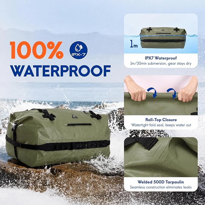 Haimont IPX7 Waterproof Roll-Top Dry Duffel Backpack | 60L/90L Sizes, 500D Tarpaulin, Welded Seams, Mesh Pockets, Boating & Kayaking