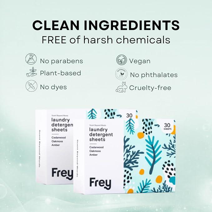 FREY Plant-Derived Laundry Detergent Sheets, 60-Count (Pack of 2) – Eco-Friendly Liquidless Detergent Strips, Travel-Friendly Biodegradable Eco-Sheets (Cedar Grove)