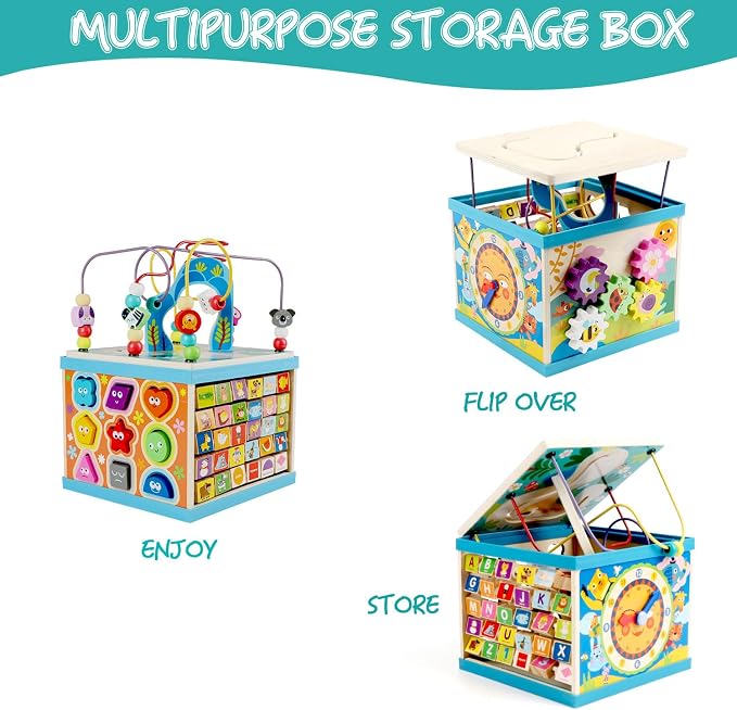 Qilay Wooden Activity Cube for Toddlers, 5 in 1 Multipurpose Abacus Early Educational Montessori Toys, Learning Toys for Kids | Bead Maze, Great for Boys Girls