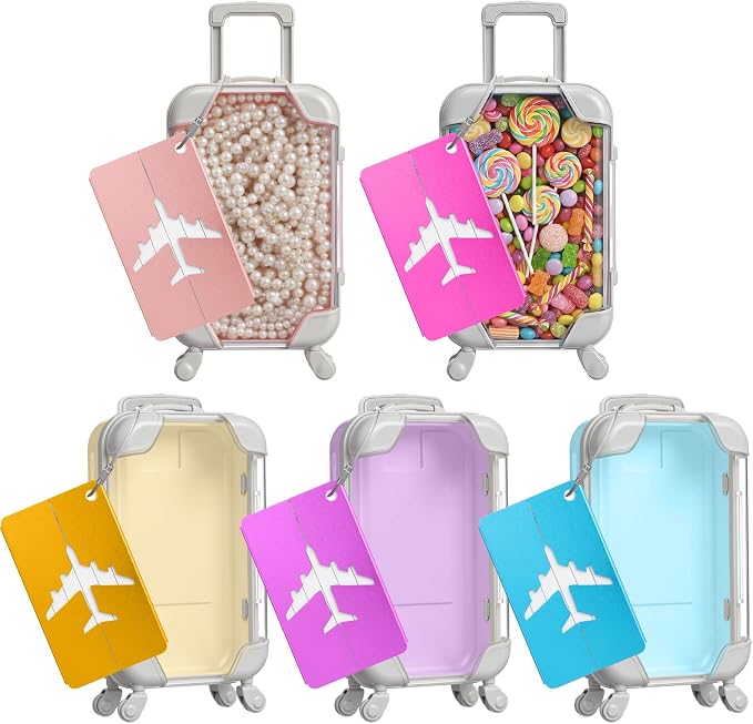 Teecyhooo 5 Pcs Mini Suitcase Party Favor Boxes and 5 Pcs Metal Luggage Tags with Card, Clear Mini Luggage Gift Boxes for Girls Wedding Travel Birthdays Bachelorette (6.5 x 2.8 x 1.4 Inch,Multicolor)