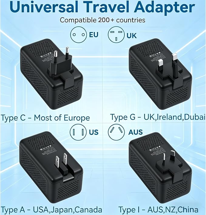 2000W Voltage Converter US to Europe for Hair Dryer, Converter for European Travel, 220V to 110V Power Converter Adapter Combo International Universal Travel Adapter with Type C G A I (Black)