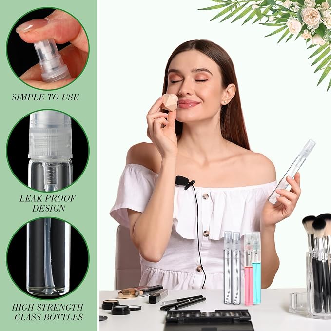 Tanlade 300 Pcs 10ml Mini Spray Bottles Refillable Clear Glass Travel Perfume Atomizer Mouthwash Bottle Cologne Small Sample Containers for Essential Oils, Retailers