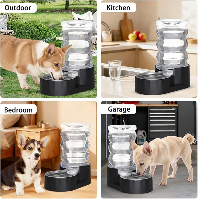 RIZZARI Dog Water Dispenser: 7L Black Stainless Steel Gravity Waterer - Helps Prevent Urinary Stones - Leak-Proof & Stable-Small to Medium Dogs & Cats- Daily Use-Long Hours Away & Home | Built-In Filtration,Clear Water Reservoir,Spill-Resistant Design,...