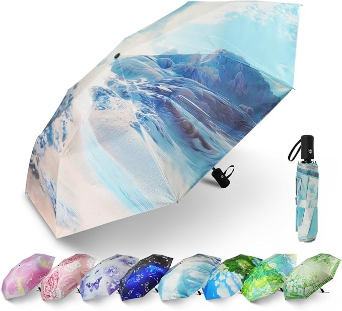SY COMPACT Travel Umbrella - Windproof Automatic Compact Umbrella for Rain, Lightest 8-Rib, Small, Strong & Portable, Durable Grip, Fits Backpack & Car, Factory Direct (UV Available)
