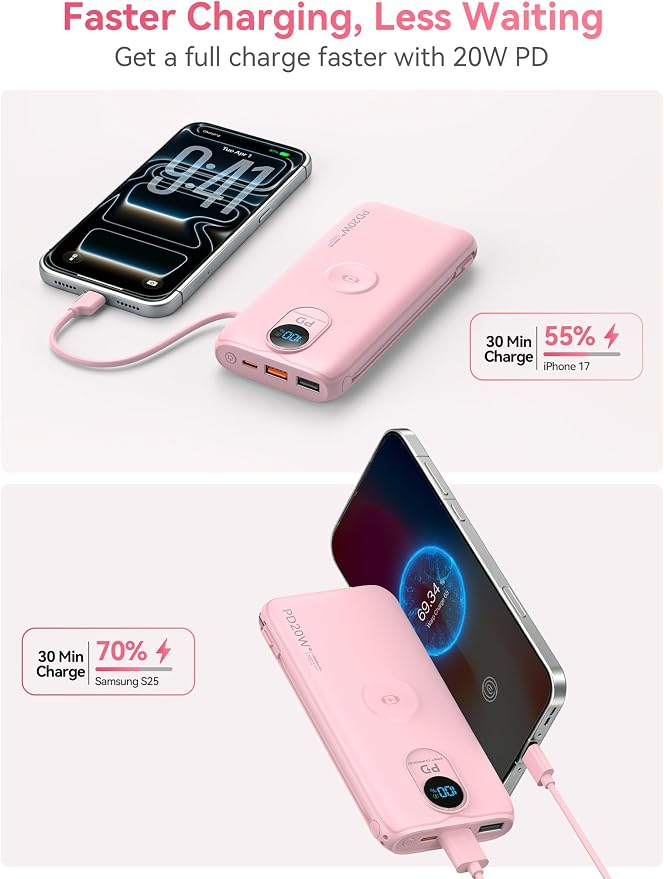 Portable Charger, 10000mAh 20W Fast Charging Power Bank with Built in Cables & AC Wall Plug & LED Display, Travel Essentials Battery Pack Powerbank for iPhone, iPad, iWatch, Samsung, Pink