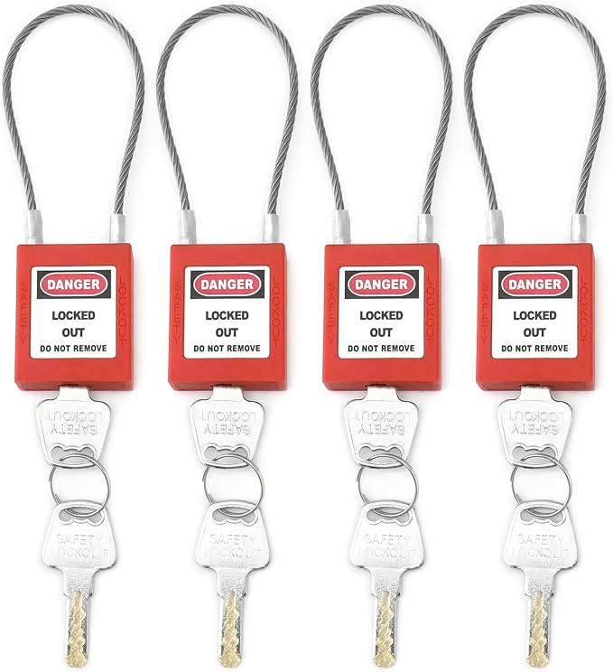 QWORK 4 Pack Lockout Tagout Steel Cable Locks with 8 Keys, Compact Cable Padlock, Red Keyed Different Electrical Lockout Padlock Set