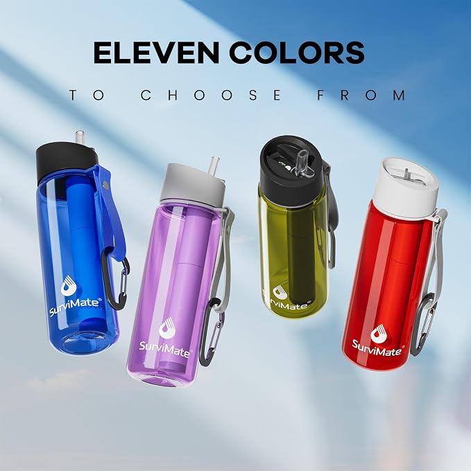 Survimate 5-Stage 0.01μm Ultra-Filtration Filtered Water Bottle, BPA-Free Material, NSF/ANSI 42&372 Certified, Portable Water Filter Bottle for Survival, Camping, Hiking, and Emergency Use