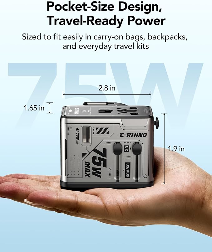 Mfish 75W Universal Travel Adapter with Retractable USB-C Cable, 3 USB-C & 1 USB-A, 1 AC Outlet, International Wall Charger for MacBook, iPhone, iPad, EU/UK/US/AUS, Type A/I/G/C, Grey