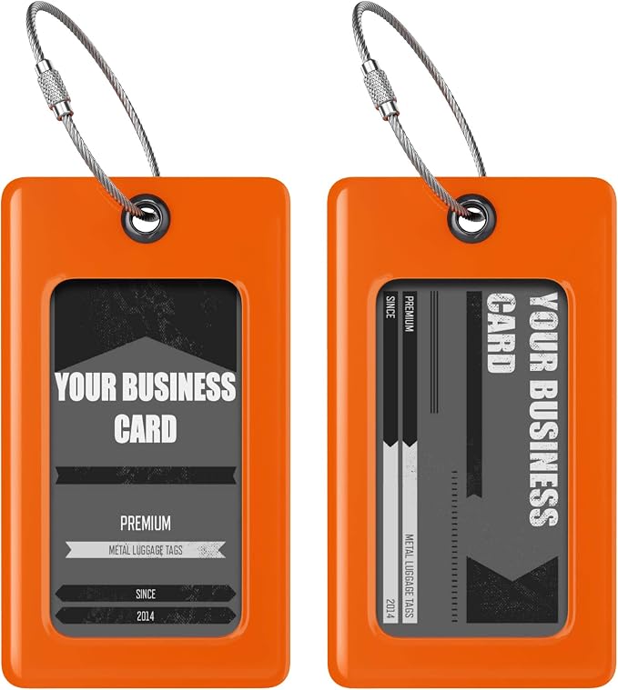 Luggage Tags Business Card Holder by TUFFTAAG - Flexible PVC Travel ID Bag Tag, Orange, 2 Pack