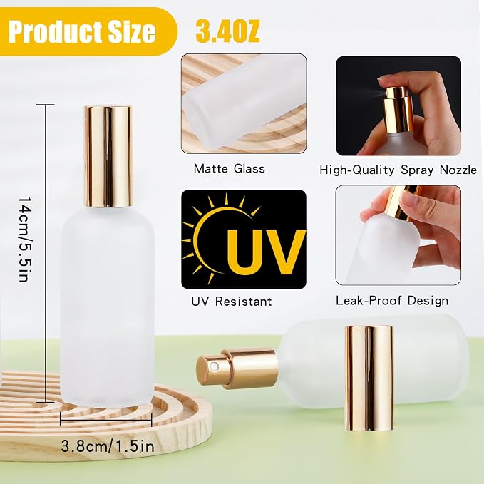 30 Pcs Glass Spray Bottle, 3.4 oz/ 100 ml Perfume Empty Bottles, Frosted Glass Spray Bottles, Refillable Clear Decorative Bottle with Gold Fine Mist Sprayer Pump for Face Body Travel