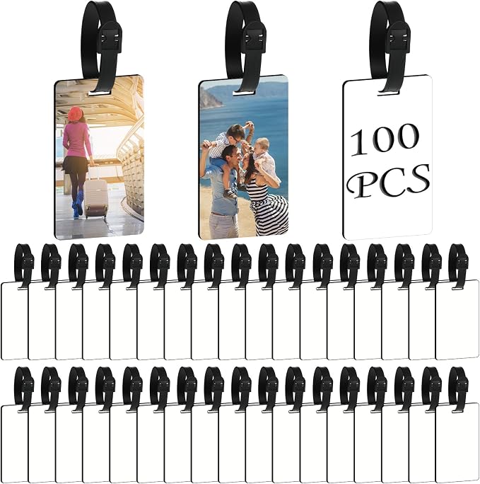 Frienda Sublimation Luggage Tag Blanks White Blank Travel Bag Tags Bulk with Strap Double Sided MDF Suitcase Labels with Slots for Easy Identification