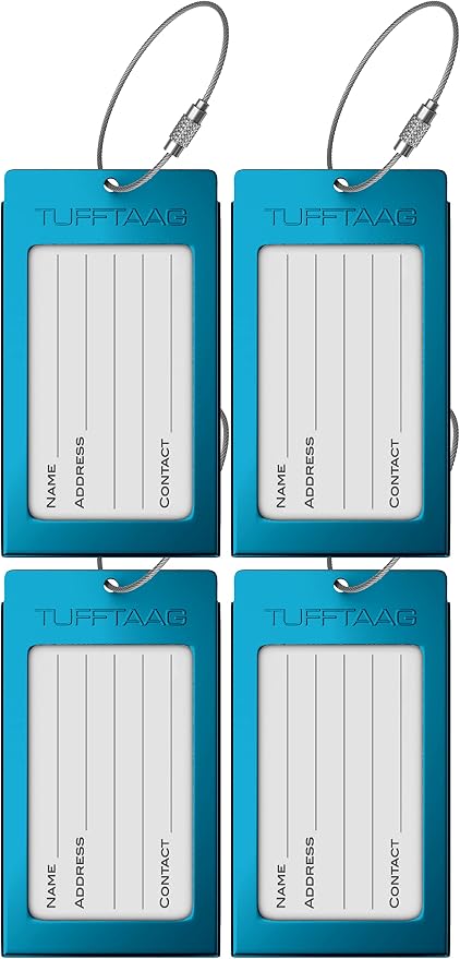 Luggage Tags Business Card Holder by TUFFTAAG - Durable Travel ID Bag Tag, SS-Blue, 4 Pack