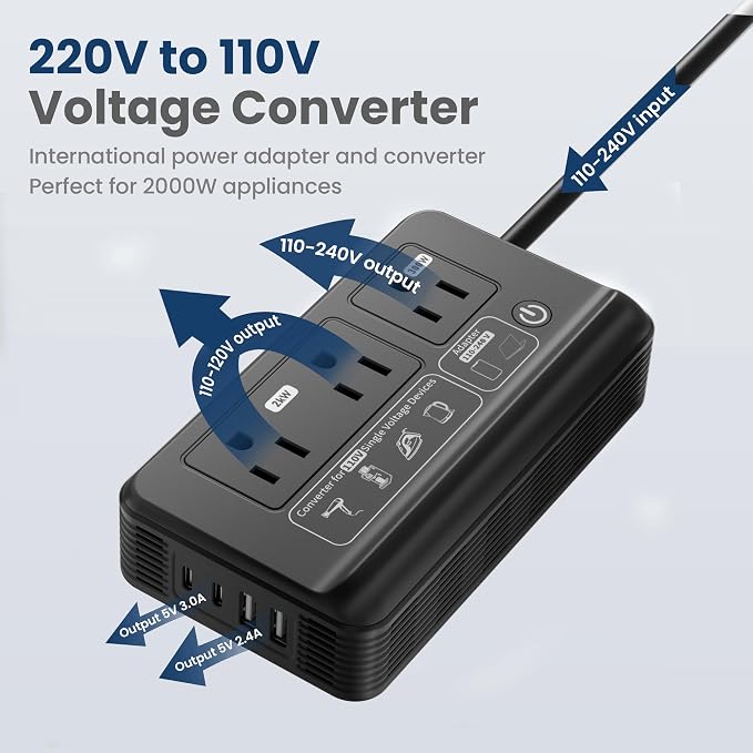 Mapambo 2000W Voltage Converter US to Europe, 7 in 1 Converter for European Travel for Hair Dryer, Kettles, Coffee Makers and etc. 220v to 110v Converter for International Travels (Matt Black)
