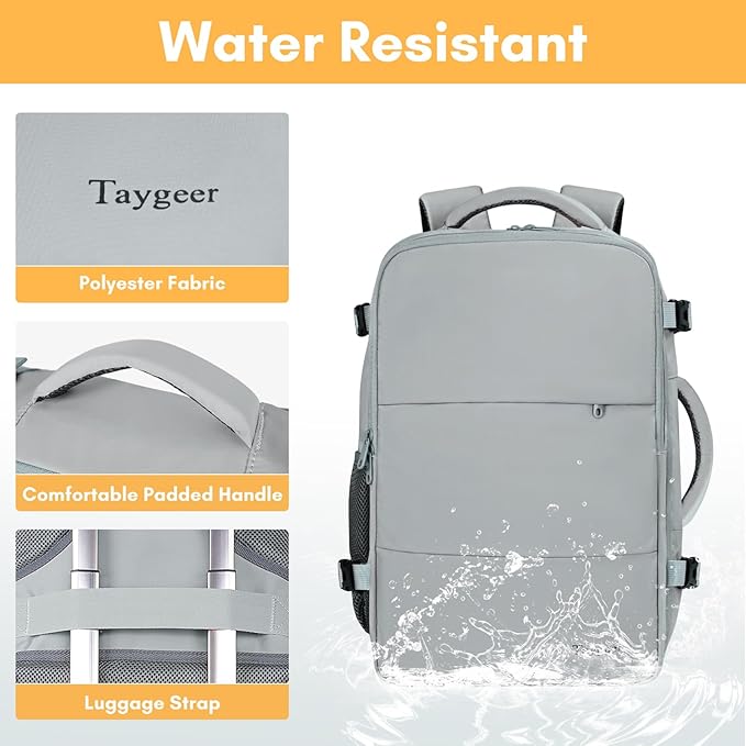 Taygeer Carry On Backpack, Womens Travel Backpack with Water Bottle Pocket & Shoe Pouch, Laptop Mochila 15.6inch Flight Approved, College Teacher Tote Bag for Business Travel Supplies, Grey