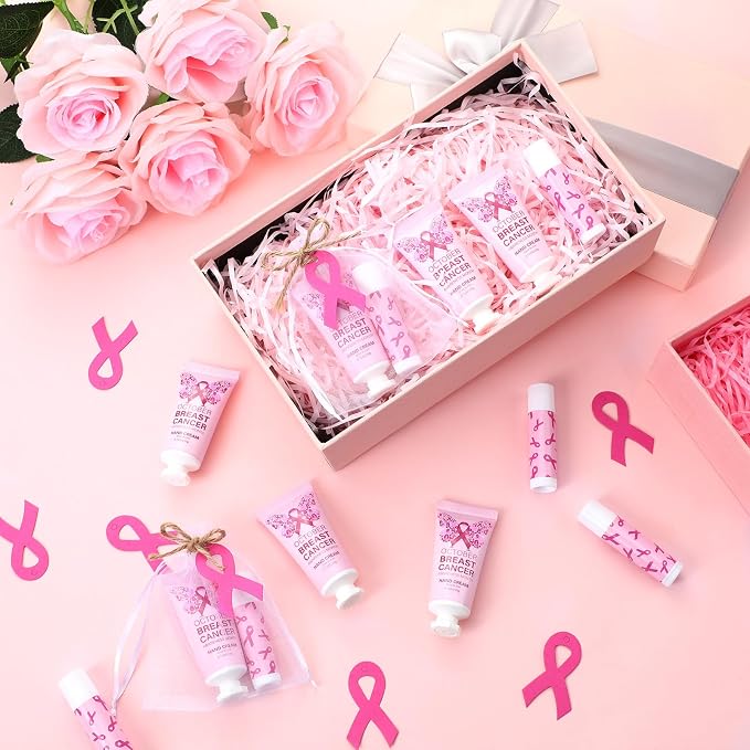 100 50 Set Breast Cancer Awareness Gifts Bulk Woman Ribbon Lip Balm Hand Cream Include 50 Lip Balm 50 Hand Cream 50 Bag 50 Tag Breast Cancer Awareness Month Items Survivors Offices