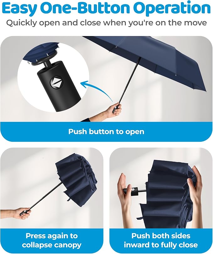 Rain-Mate Windproof Compact Umbrellas for Rain - Strong Reinforced Fiberglass Rib Design & Auto Open & Close - Portable Folding Travel Umbrella - Lightweight & Packable for Women & Men, Easy Collapse