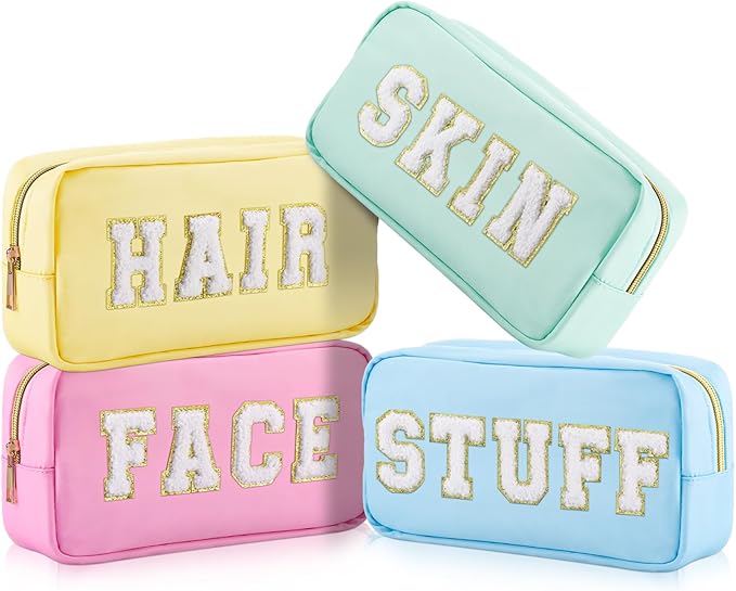 Cunno 4 Pcs Preppy Makeup Bags Chenille Letter Stuff Bag Nylon Cosmetic Pouch Cases with Zipper for Women Travel Toiletry