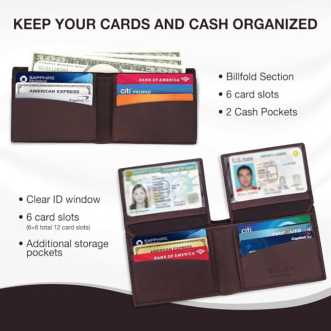 ROGUE WALLET Mens Leather RFID Blocking Wallet for Men - Genuine Top Grain Cow Leather Bifold, 12 Credit Card Slots, 2 ID Windows, Traditional Hip Pocket Billfold - Secure RFID Protection (Brown)