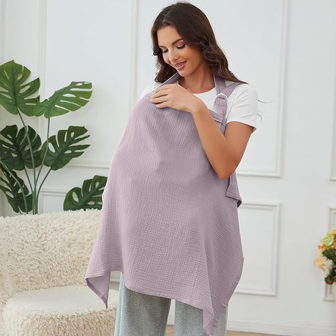 Muslin Nursing Cover for Baby Breastfeeding, Breathable 100% Cotton Breastfeeding Cover with Rigid Hoop for Mother Nursing Apron (Lavender)