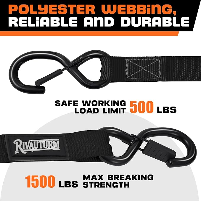 Heavy Duty Retractable Ratchet Straps 4 Pack 1 Inch x 12 Feet (1,500lb Break Strength) Auto Self Retracting Tie-Down Straps for Motorcycle, Truck, Cargo Trailer, ATV, UTV - Black