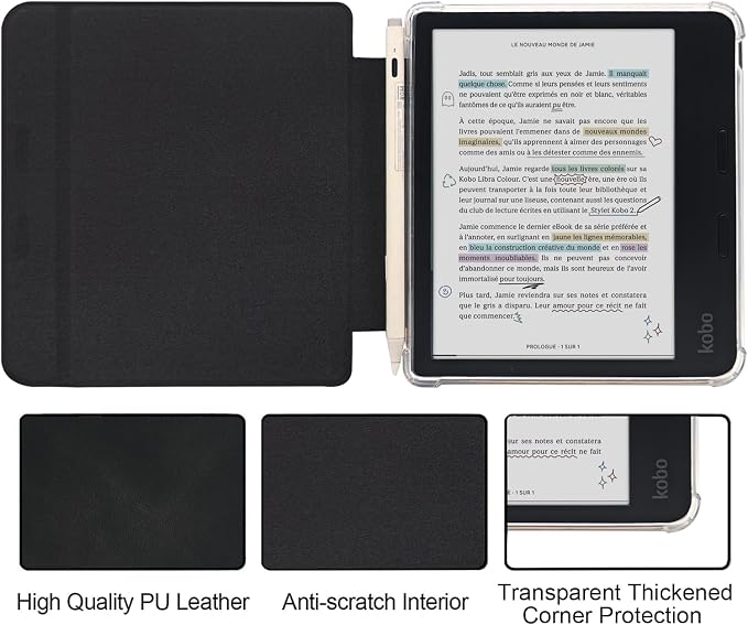 Folio Leather Case for 7" Kobo Libra Colour (2024) eReader - Ultra-Thin Enhanced Auto Sleep/Wake Cover with Transparent TPU Back, Magnetic Closure, Stylus Holder (Black)