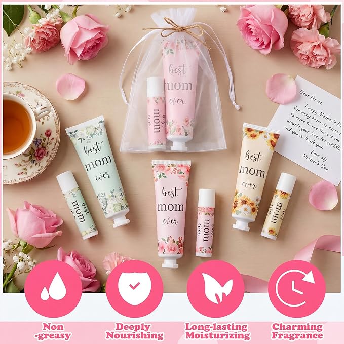 12 Sets Best Mom Ever Church Gifts Bulk for Women Birthday Gifts for Mom Hand Cream and Lip Balm Set with Organza Bag Thank You Card Mother Gift Bag Stuffers