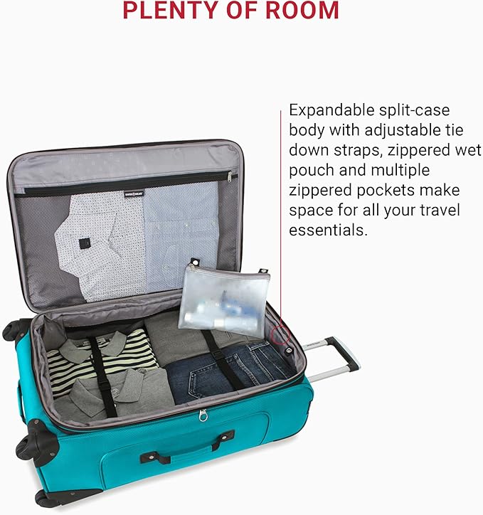 SWISSGEAR Sion Softside Expandable Spinner Luggage Durable Lightweight Travel Suitcase, Teal, Checked-Large 29-Inch