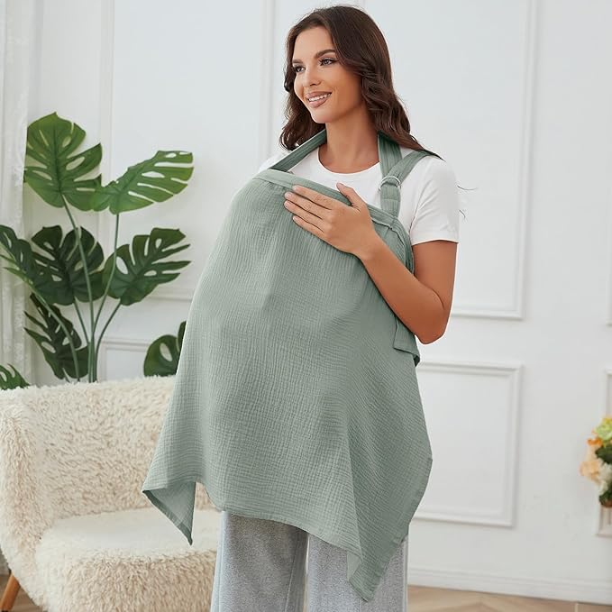 Muslin Nursing Cover for Baby Breastfeeding, Breathable 100% Cotton Breastfeeding Cover with Rigid Hoop for Mother Nursing Apron (Light Cyan)