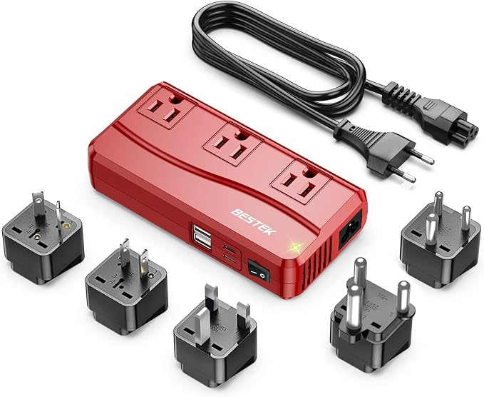 BESTEK International Power Adapter 300W, 220V to 110V Step Down Travel Voltage Converter with 4-Port USB (2 USB 20W) Including US/AU/EU/UK/India/South Africa Plug Adapter (Red)