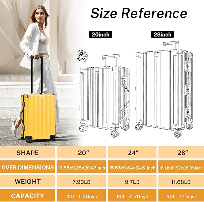 Krute Zipperless Luggage 24 Inch Aluminum Frame Suitcase with Spinner Wheels PC+ABS Hardide Checked Luggage TSA Approved No Zipper Travel Suitcase Yellow