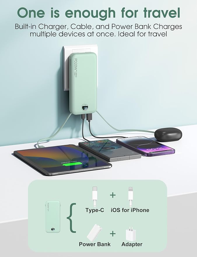 citicr Portable Charger 10000mAh PD20W w/Built-in Cables & Wall Plug Green | Fast charging, Built-in wall plug, LED display, Charge 5 devices at once, Pass through charging, TSA approved, Pocket size