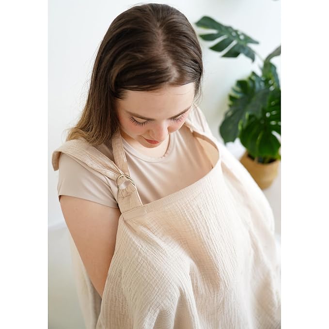 MairMore Muslin Nursing Covers for Breastfeeding, Privacy Breast Feeding Cover with Arch Neckline for Mom and Baby, Breathable 100% Cotton Nursing Apron Multi-use Stroller Cover